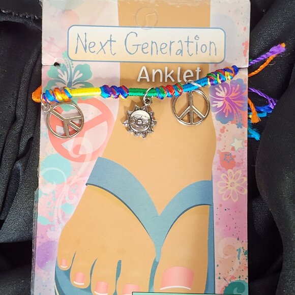 Novelty Inc Next Generation Silver Tone Peace Sun Symbols on Yarn Ankle Bracelet - Picture 1 of 16